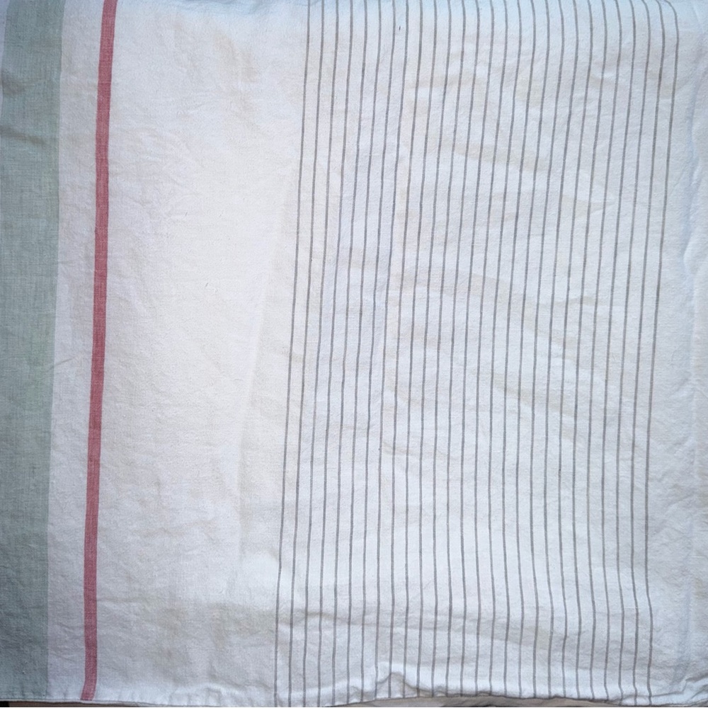 West Elm 100% Linen White On Beige/Sage Green/Gray/Coral Stripes QN Duvet Cover.